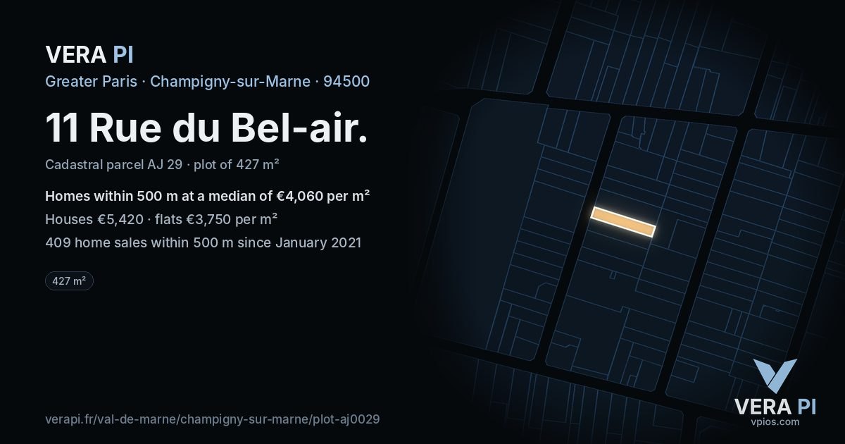 11 Rue du Bel-air, Champigny-sur-Marne at night – the plot lit, the parcels around coloured by the prices near them