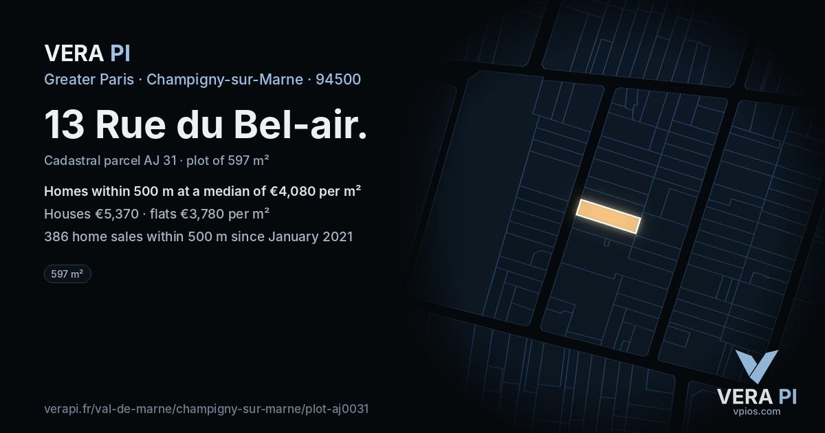 13 Rue du Bel-air, Champigny-sur-Marne at night – the plot lit, the parcels around coloured by the prices near them