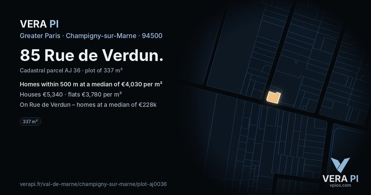 85 Rue de Verdun, Champigny-sur-Marne at night – the plot lit, the parcels around coloured by the prices near them