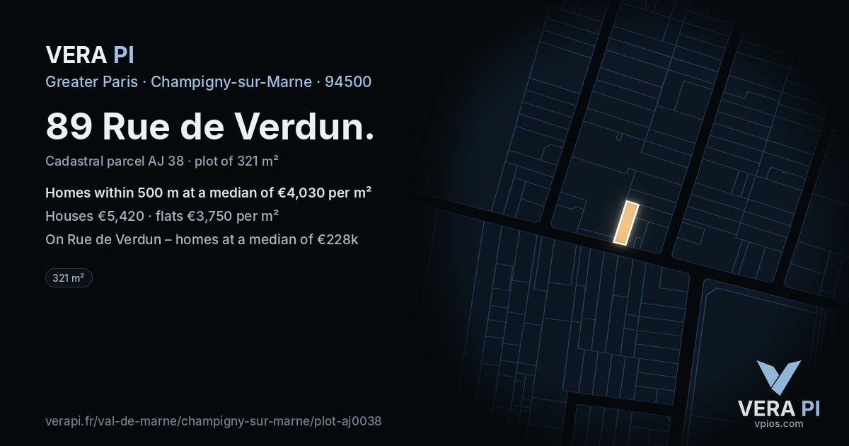 89 Rue de Verdun, Champigny-sur-Marne at night – the plot lit, the parcels around coloured by the prices near them