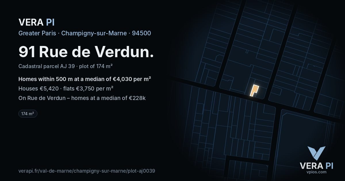 91 Rue de Verdun, Champigny-sur-Marne at night – the plot lit, the parcels around coloured by the prices near them