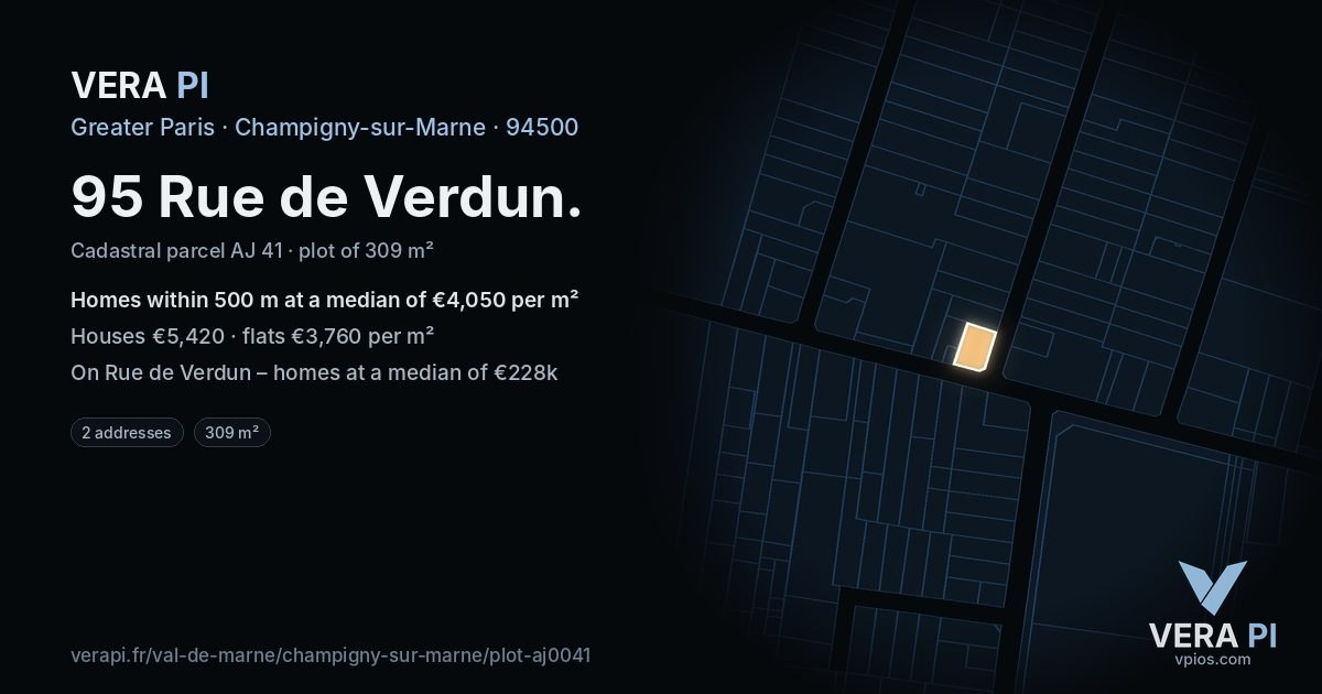 95 Rue de Verdun, Champigny-sur-Marne at night – the plot lit, the parcels around coloured by the prices near them