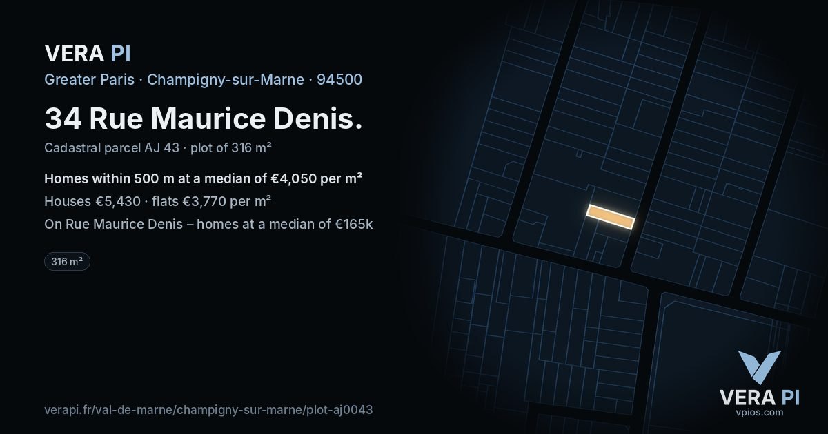 34 Rue Maurice Denis, Champigny-sur-Marne at night – the plot lit, the parcels around coloured by the prices near them