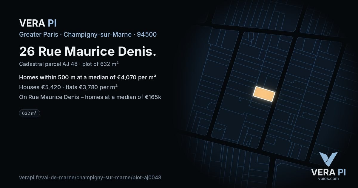 26 Rue Maurice Denis, Champigny-sur-Marne at night – the plot lit, the parcels around coloured by the prices near them