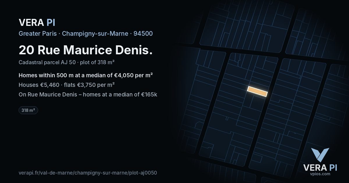 20 Rue Maurice Denis, Champigny-sur-Marne at night – the plot lit, the parcels around coloured by the prices near them
