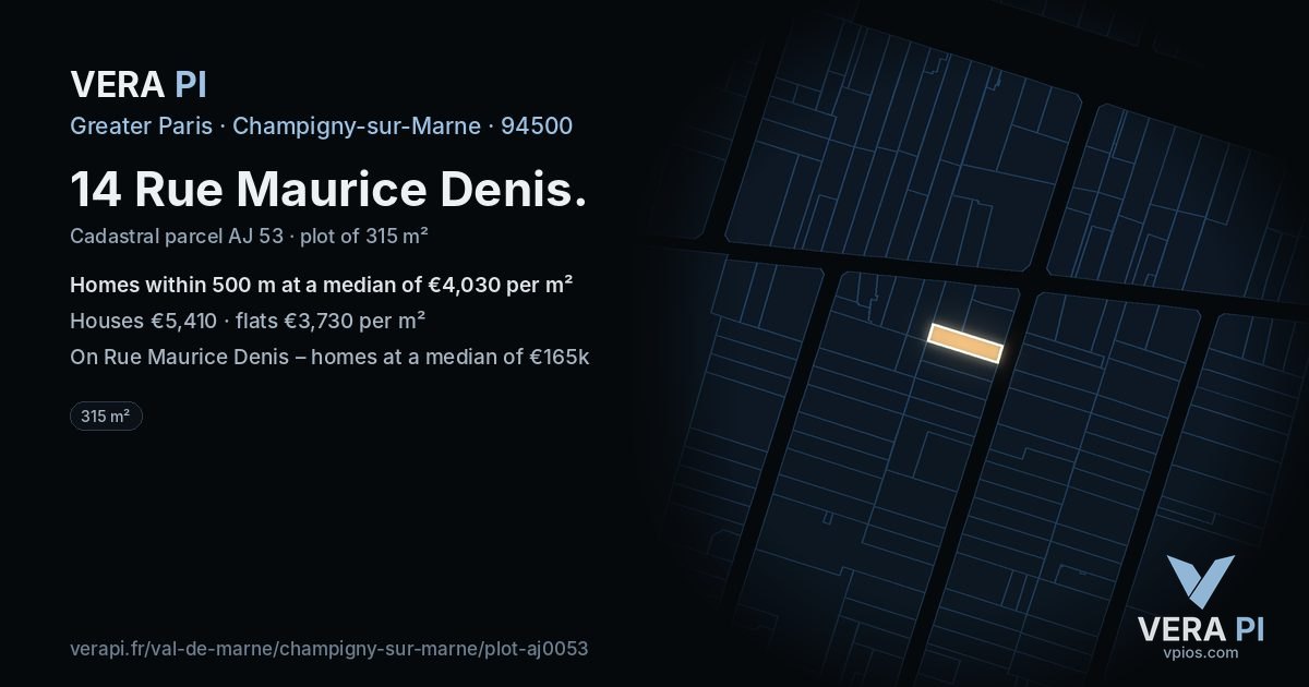 14 Rue Maurice Denis, Champigny-sur-Marne at night – the plot lit, the parcels around coloured by the prices near them