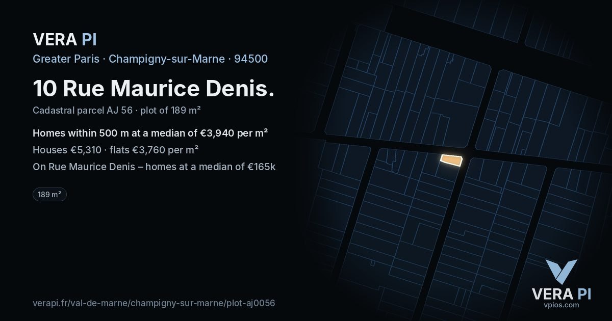 10 Rue Maurice Denis, Champigny-sur-Marne at night – the plot lit, the parcels around coloured by the prices near them