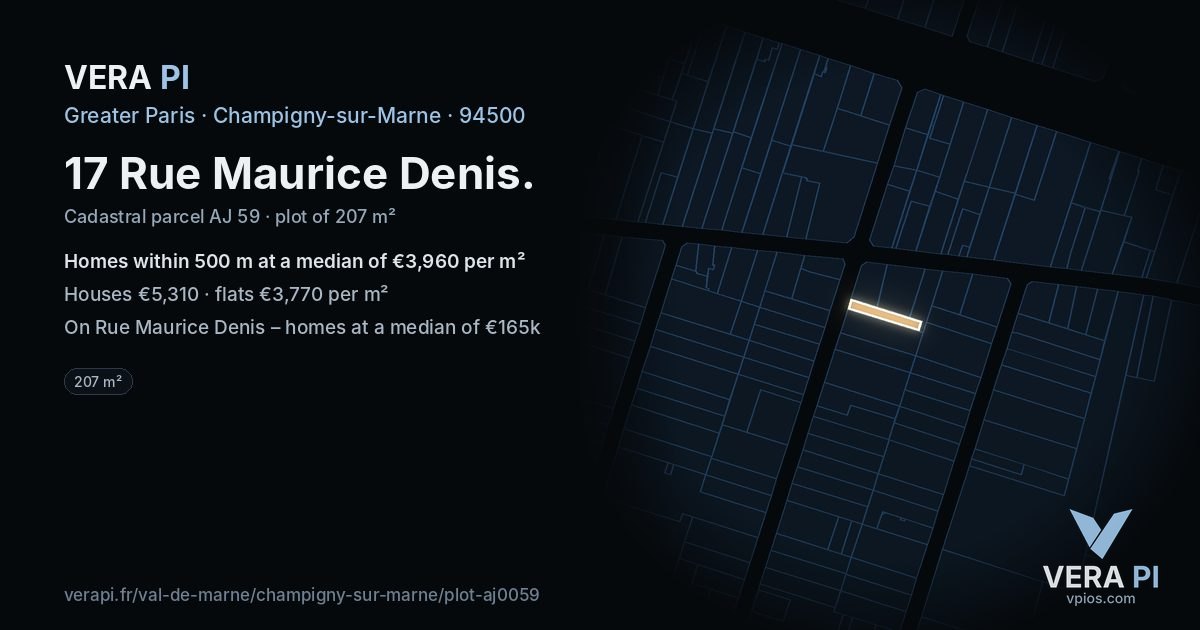 17 Rue Maurice Denis, Champigny-sur-Marne at night – the plot lit, the parcels around coloured by the prices near them