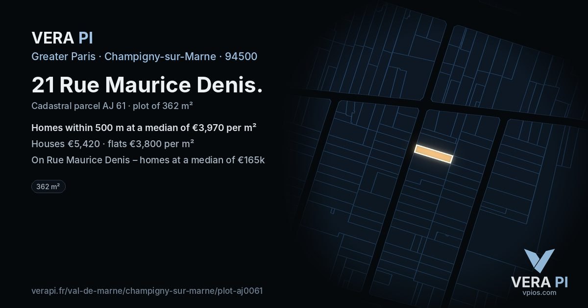 21 Rue Maurice Denis, Champigny-sur-Marne at night – the plot lit, the parcels around coloured by the prices near them