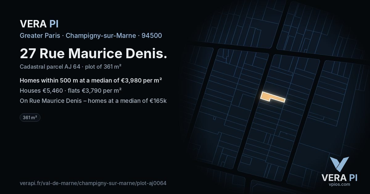 27 Rue Maurice Denis, Champigny-sur-Marne at night – the plot lit, the parcels around coloured by the prices near them