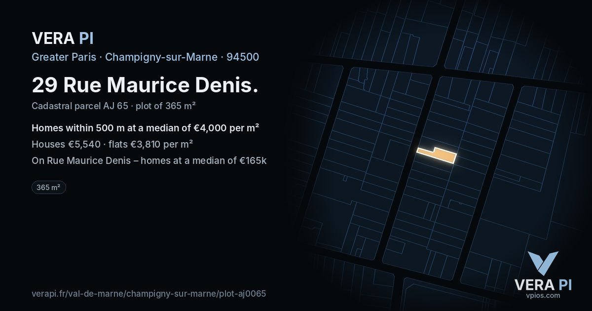 29 Rue Maurice Denis, Champigny-sur-Marne at night – the plot lit, the parcels around coloured by the prices near them
