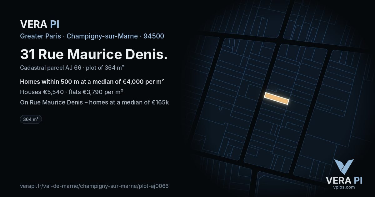 31 Rue Maurice Denis, Champigny-sur-Marne at night – the plot lit, the parcels around coloured by the prices near them