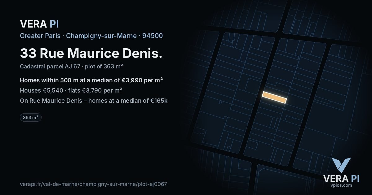 33 Rue Maurice Denis, Champigny-sur-Marne at night – the plot lit, the parcels around coloured by the prices near them