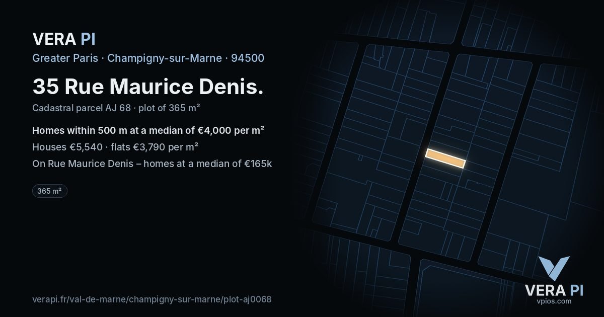 35 Rue Maurice Denis, Champigny-sur-Marne at night – the plot lit, the parcels around coloured by the prices near them
