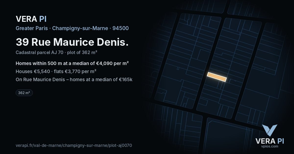 39 Rue Maurice Denis, Champigny-sur-Marne at night – the plot lit, the parcels around coloured by the prices near them