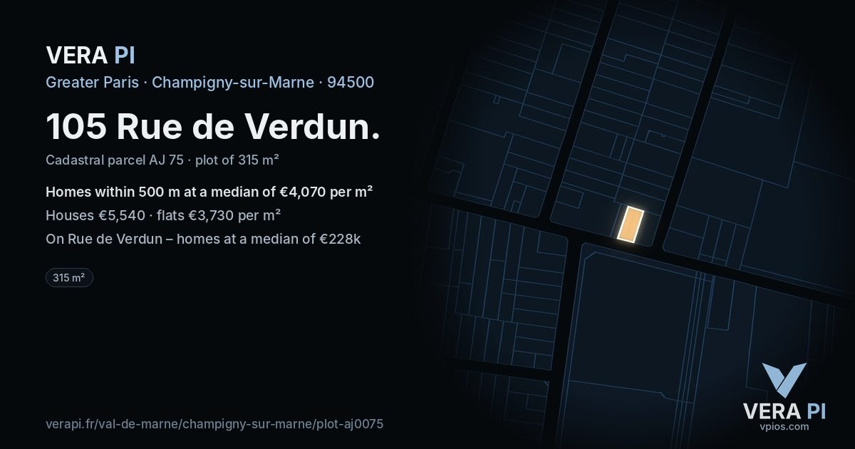 105 Rue de Verdun, Champigny-sur-Marne at night – the plot lit, the parcels around coloured by the prices near them