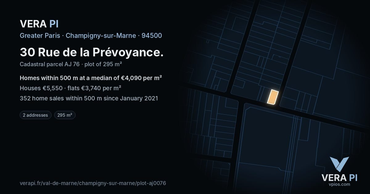30 Rue de la Prévoyance, Champigny-sur-Marne at night – the plot lit, the parcels around coloured by the prices near them