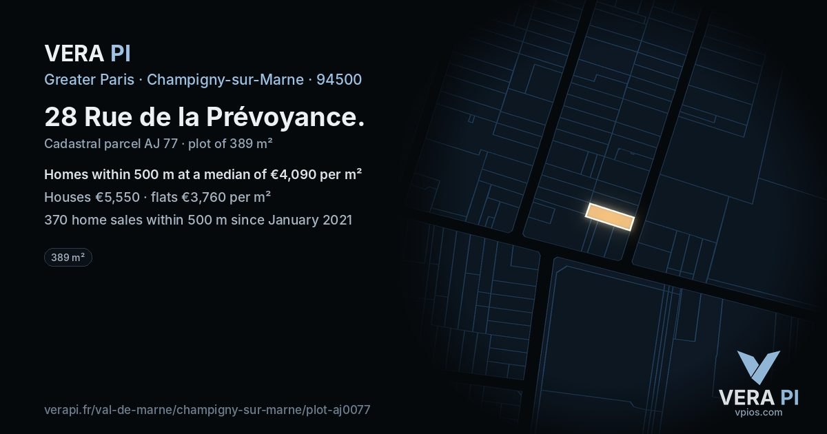 28 Rue de la Prévoyance, Champigny-sur-Marne at night – the plot lit, the parcels around coloured by the prices near them