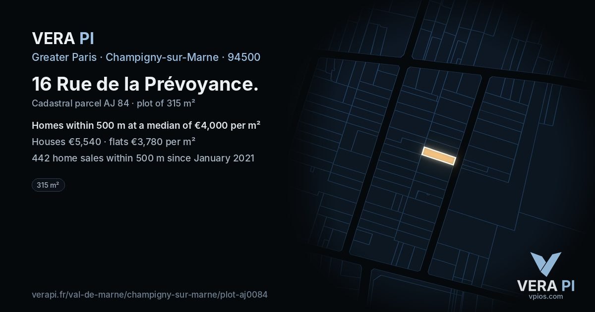 16 Rue de la Prévoyance, Champigny-sur-Marne at night – the plot lit, the parcels around coloured by the prices near them