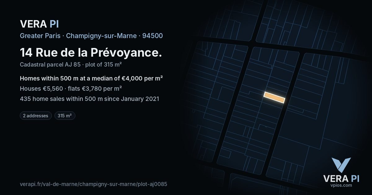 14 Rue de la Prévoyance, Champigny-sur-Marne at night – the plot lit, the parcels around coloured by the prices near them