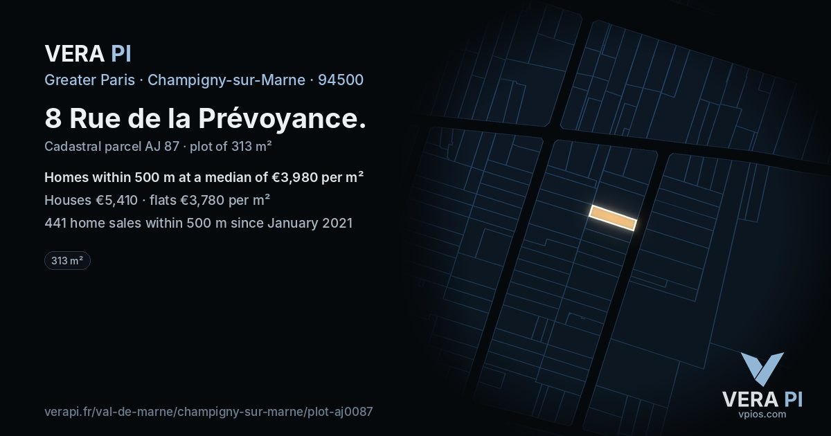 8 Rue de la Prévoyance, Champigny-sur-Marne at night – the plot lit, the parcels around coloured by the prices near them