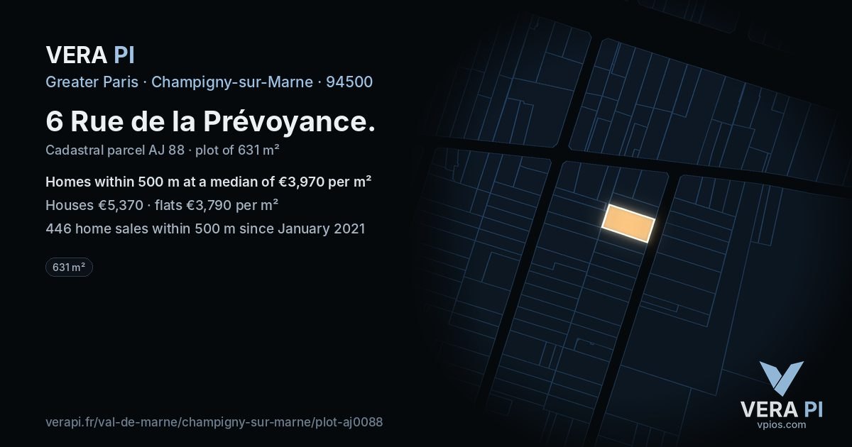 6 Rue de la Prévoyance, Champigny-sur-Marne at night – the plot lit, the parcels around coloured by the prices near them