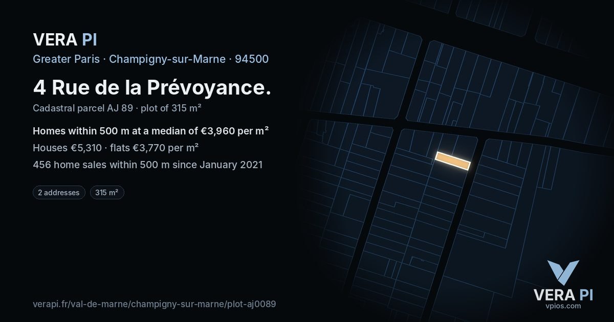 4 Rue de la Prévoyance, Champigny-sur-Marne at night – the plot lit, the parcels around coloured by the prices near them