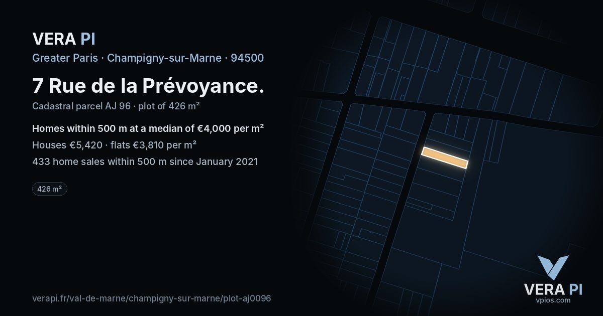 7 Rue de la Prévoyance, Champigny-sur-Marne at night – the plot lit, the parcels around coloured by the prices near them