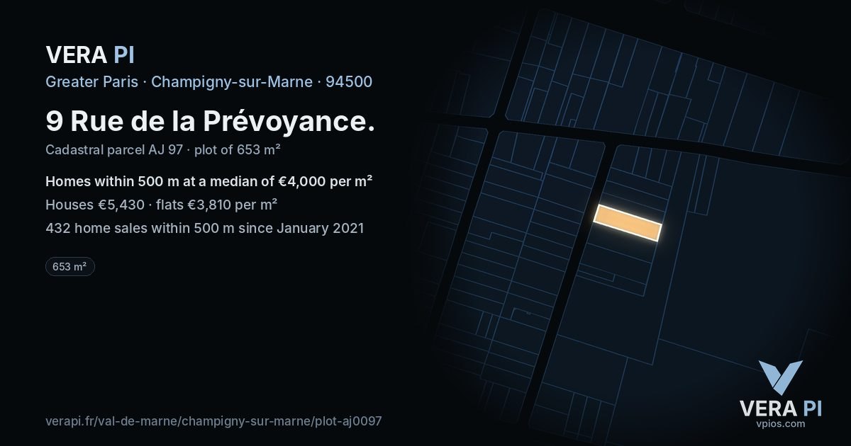 9 Rue de la Prévoyance, Champigny-sur-Marne at night – the plot lit, the parcels around coloured by the prices near them