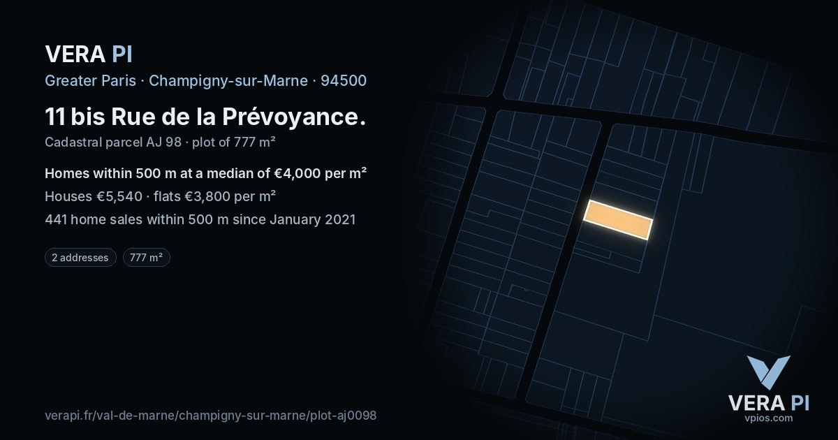 11 bis Rue de la Prévoyance, Champigny-sur-Marne at night – the plot lit, the parcels around coloured by the prices near them