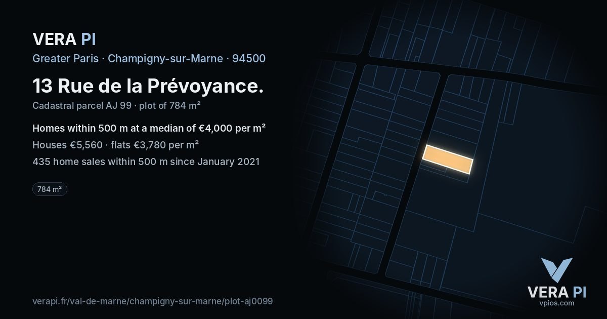 13 Rue de la Prévoyance, Champigny-sur-Marne at night – the plot lit, the parcels around coloured by the prices near them