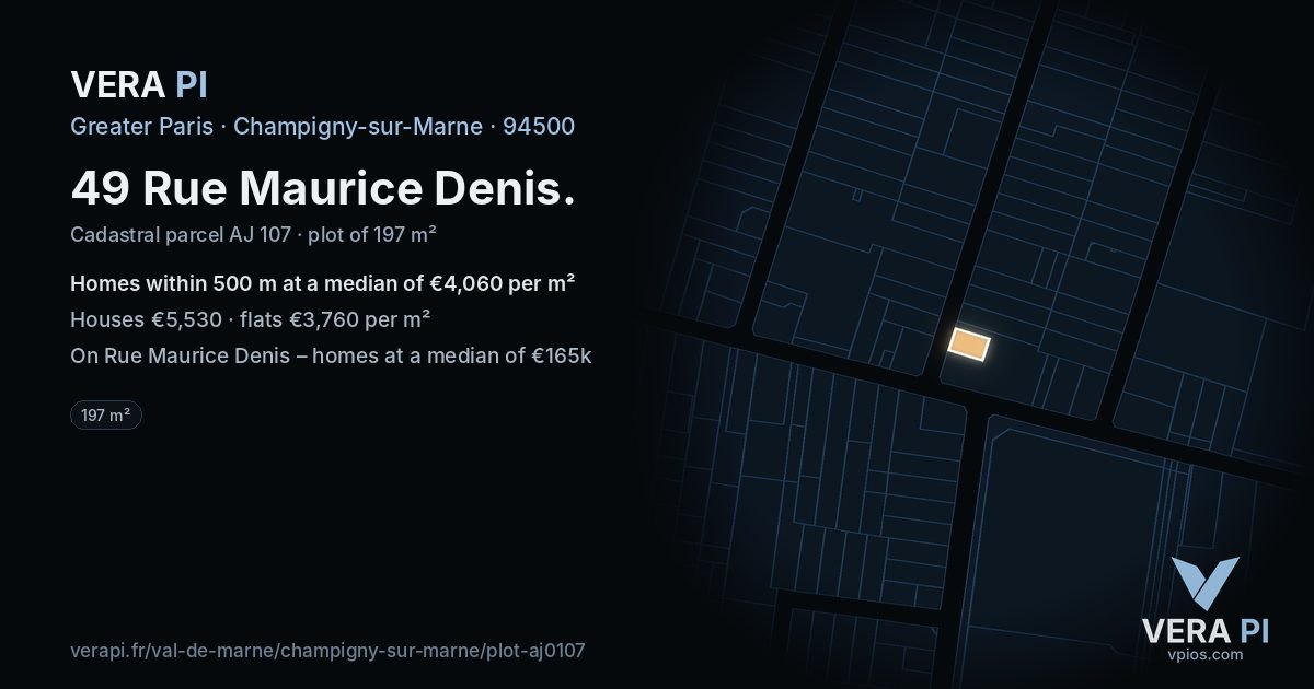 49 Rue Maurice Denis, Champigny-sur-Marne at night – the plot lit, the parcels around coloured by the prices near them