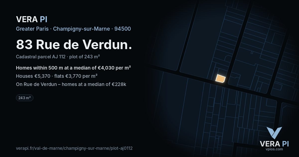 83 Rue de Verdun, Champigny-sur-Marne at night – the plot lit, the parcels around coloured by the prices near them