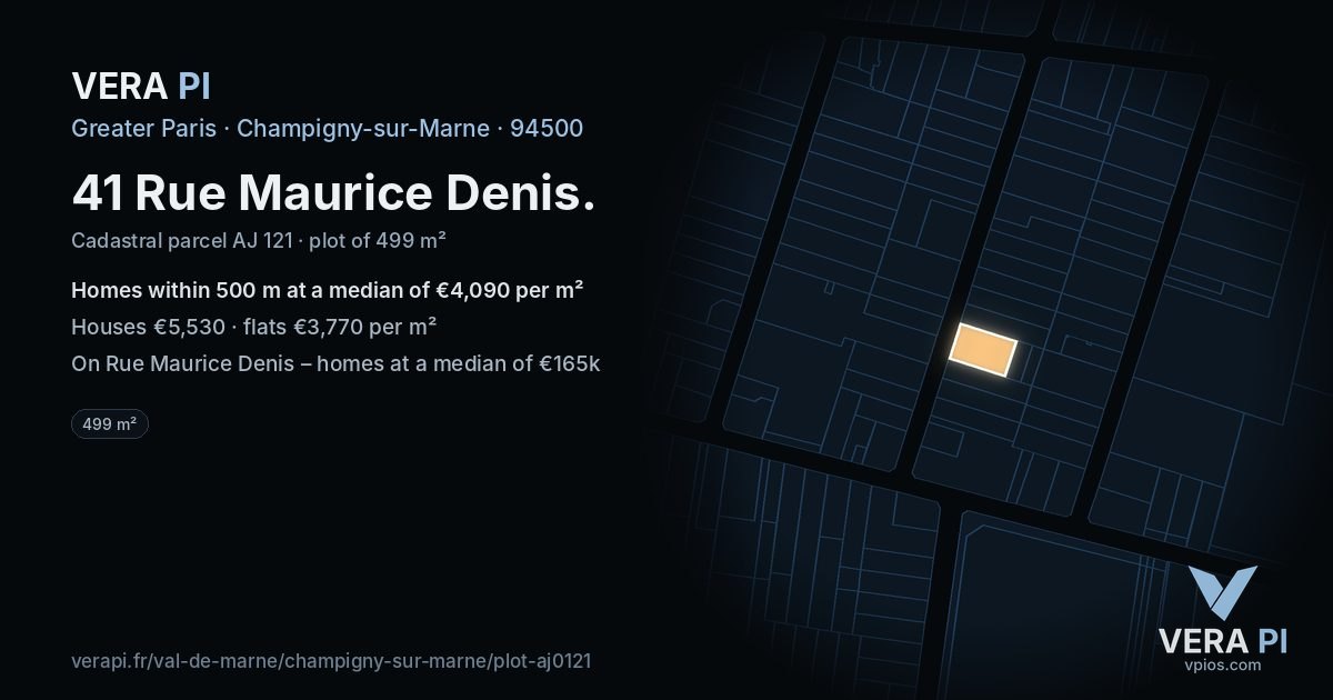 41 Rue Maurice Denis, Champigny-sur-Marne at night – the plot lit, the parcels around coloured by the prices near them