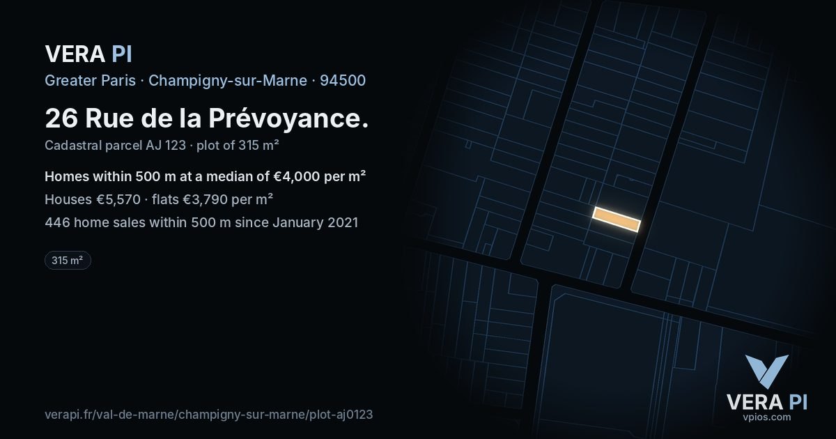 26 Rue de la Prévoyance, Champigny-sur-Marne at night – the plot lit, the parcels around coloured by the prices near them