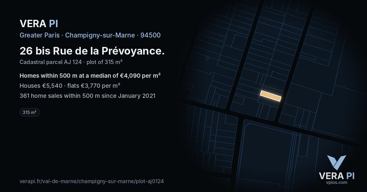 26 bis Rue de la Prévoyance, Champigny-sur-Marne at night – the plot lit, the parcels around coloured by the prices near them