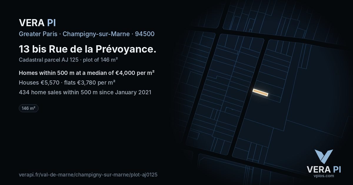 13 bis Rue de la Prévoyance, Champigny-sur-Marne at night – the plot lit, the parcels around coloured by the prices near them