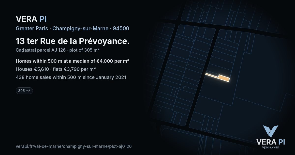 13 ter Rue de la Prévoyance, Champigny-sur-Marne at night – the plot lit, the parcels around coloured by the prices near them