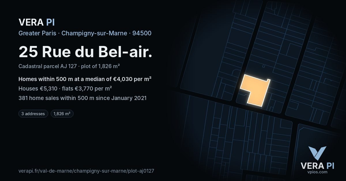 25 Rue du Bel-air, Champigny-sur-Marne at night – the plot lit, the parcels around coloured by the prices near them