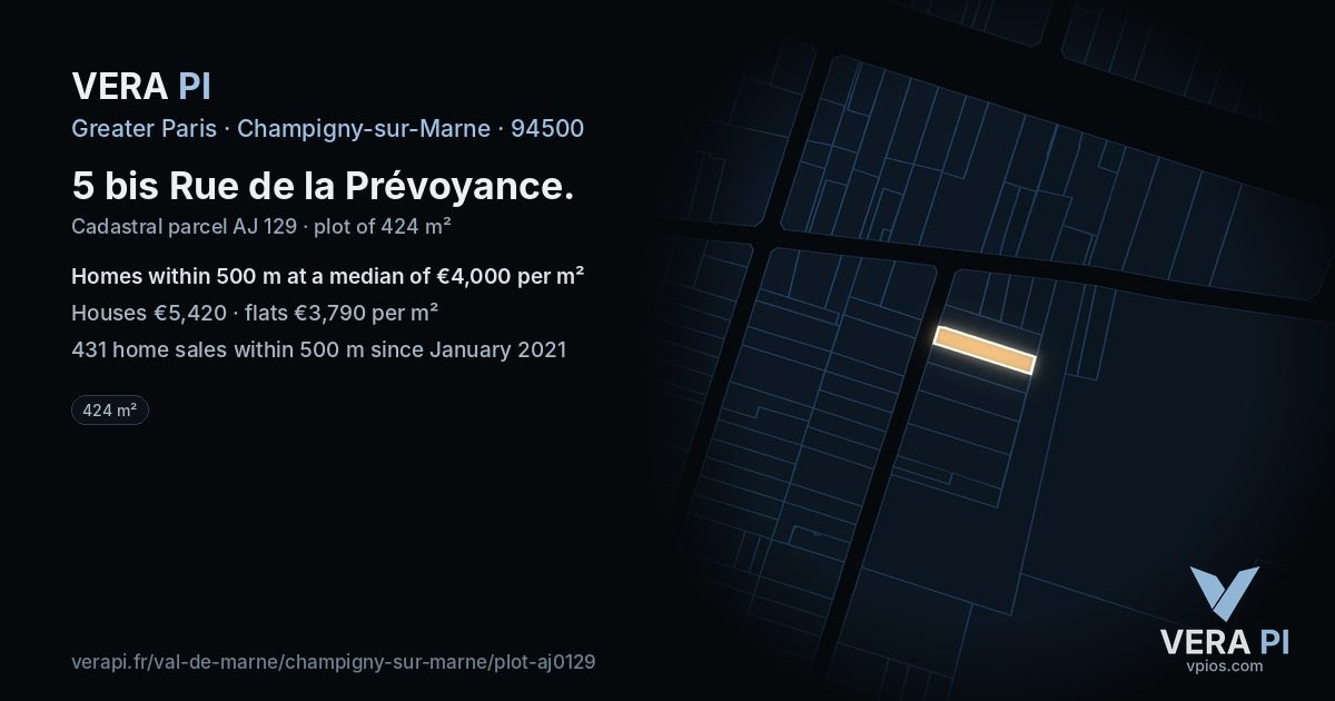 5 bis Rue de la Prévoyance, Champigny-sur-Marne at night – the plot lit, the parcels around coloured by the prices near them