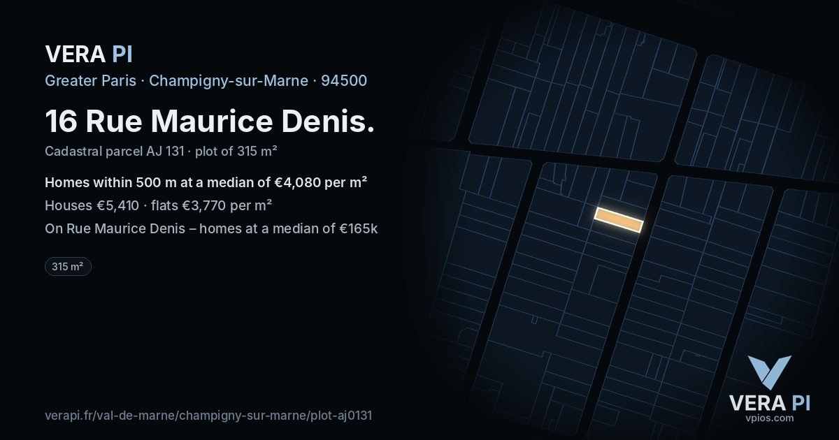 16 Rue Maurice Denis, Champigny-sur-Marne at night – the plot lit, the parcels around coloured by the prices near them