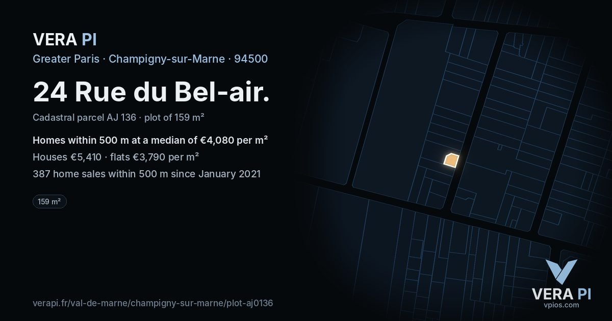 24 Rue du Bel-air, Champigny-sur-Marne at night – the plot lit, the parcels around coloured by the prices near them