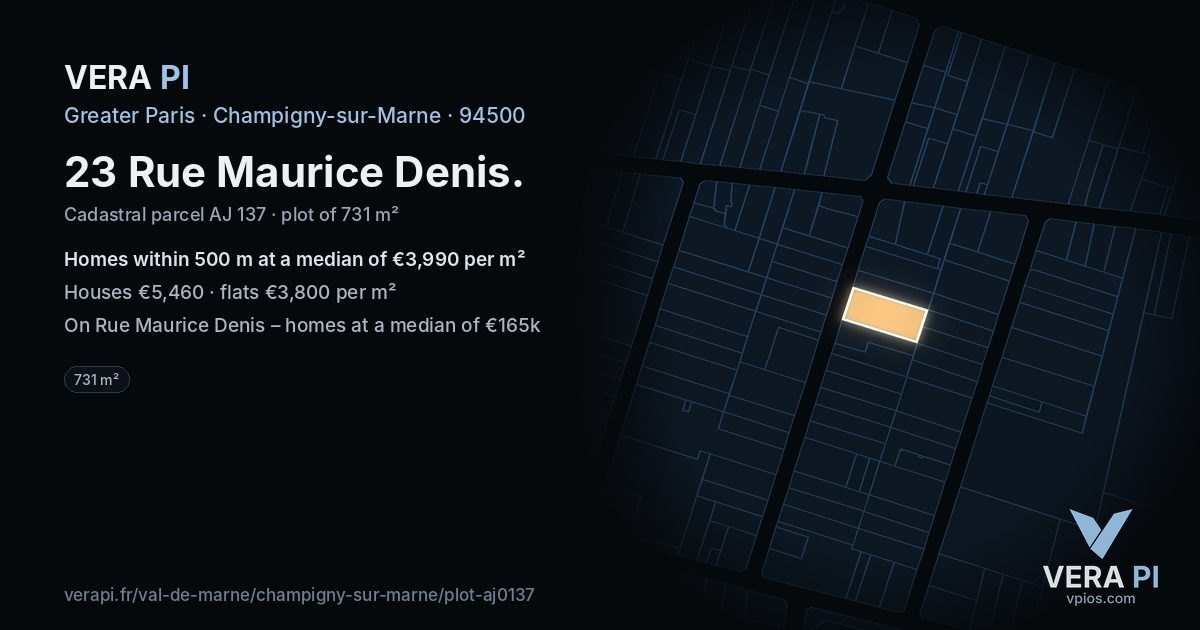 23 Rue Maurice Denis, Champigny-sur-Marne at night – the plot lit, the parcels around coloured by the prices near them