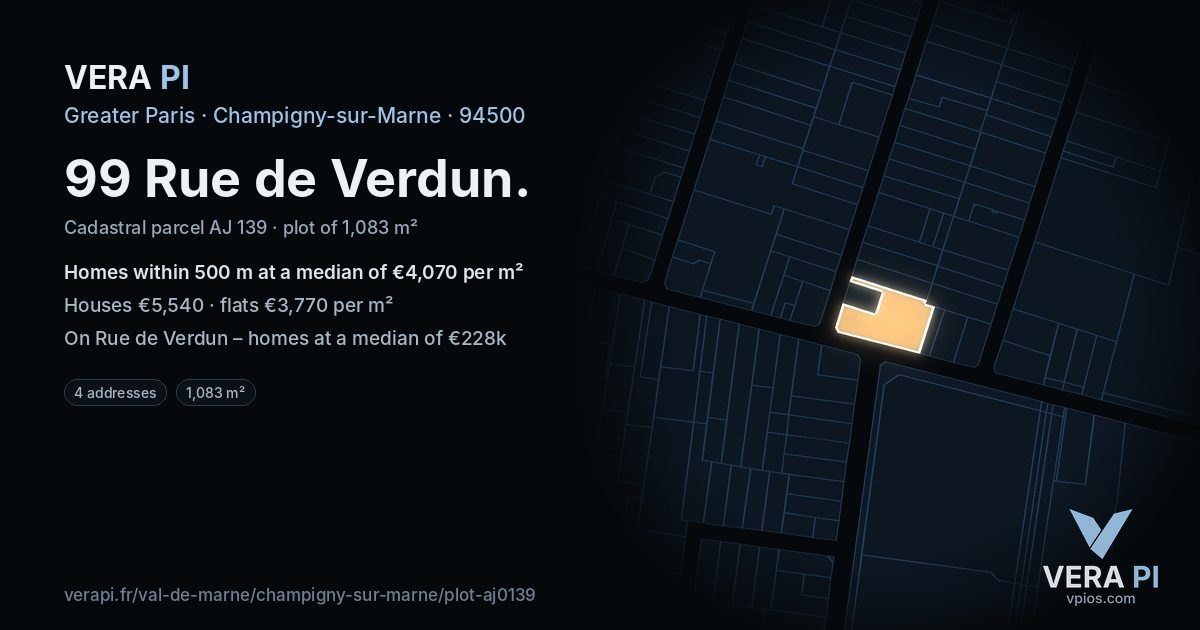99 Rue de Verdun, Champigny-sur-Marne at night – the plot lit, the parcels around coloured by the prices near them