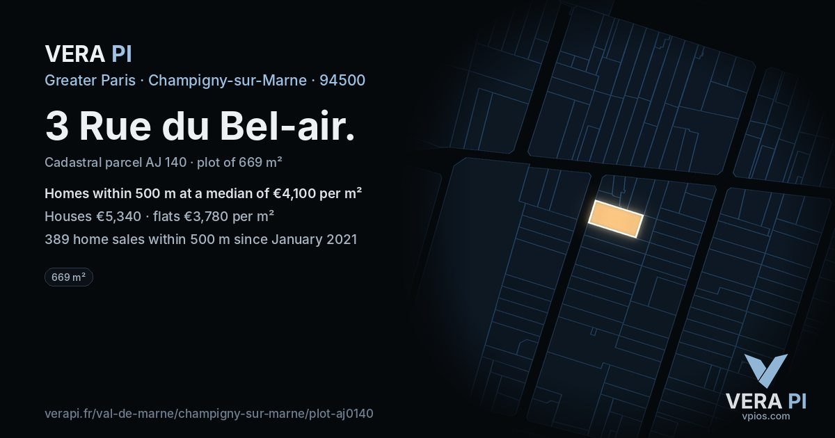 3 Rue du Bel-air, Champigny-sur-Marne at night – the plot lit, the parcels around coloured by the prices near them