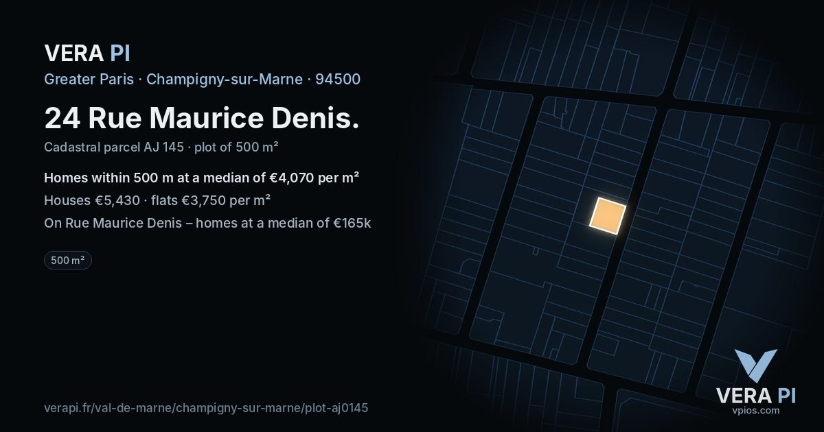 24 Rue Maurice Denis, Champigny-sur-Marne at night – the plot lit, the parcels around coloured by the prices near them