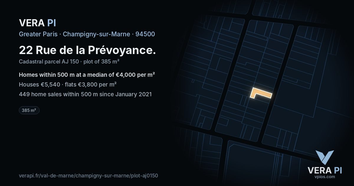 22 Rue de la Prévoyance, Champigny-sur-Marne at night – the plot lit, the parcels around coloured by the prices near them