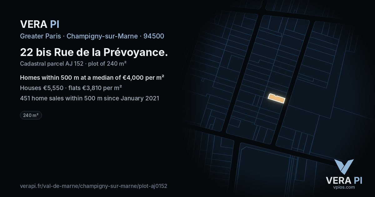 22 bis Rue de la Prévoyance, Champigny-sur-Marne at night – the plot lit, the parcels around coloured by the prices near them