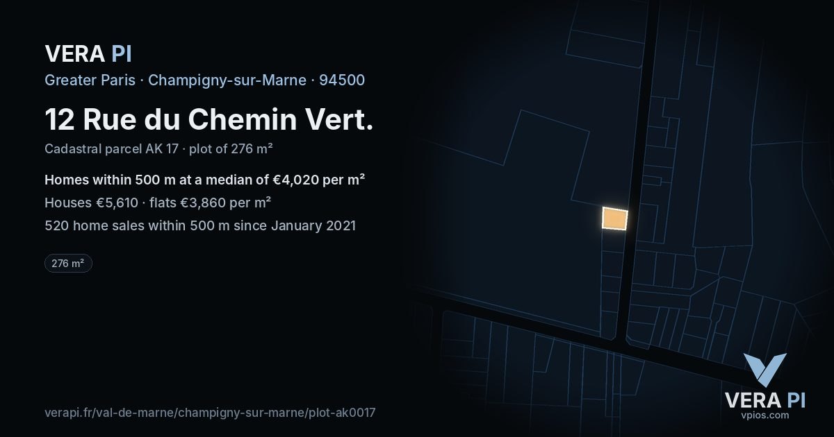 12 Rue du Chemin Vert, Champigny-sur-Marne at night – the plot lit, the parcels around coloured by the prices near them