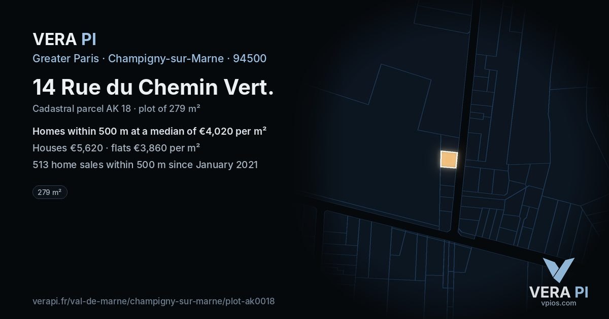 14 Rue du Chemin Vert, Champigny-sur-Marne at night – the plot lit, the parcels around coloured by the prices near them